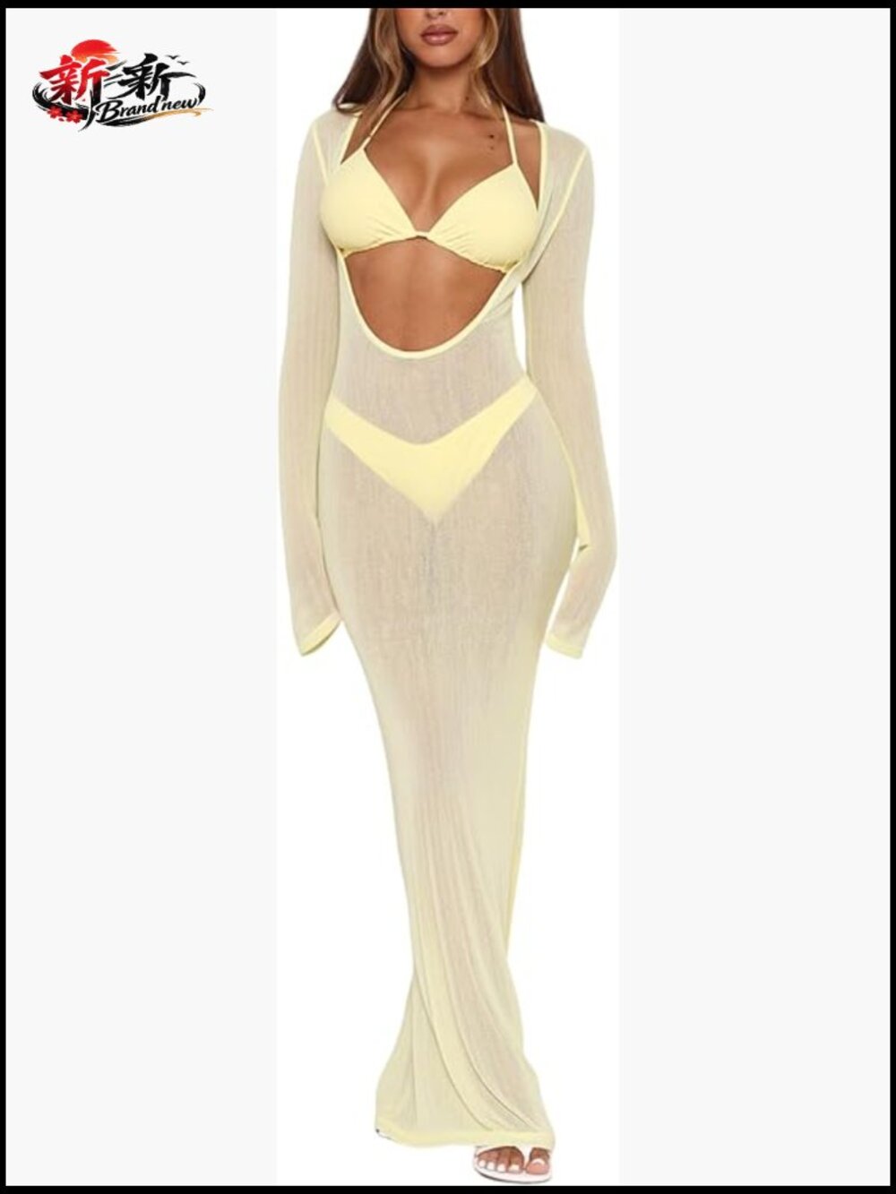 3 Piece Bikini Set with Sheer Mesh Cover Up Maxi Dress Halter Triangle Top